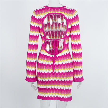 Women Stripe Knit Beach Bodycon Backless Long Sleeve Dress