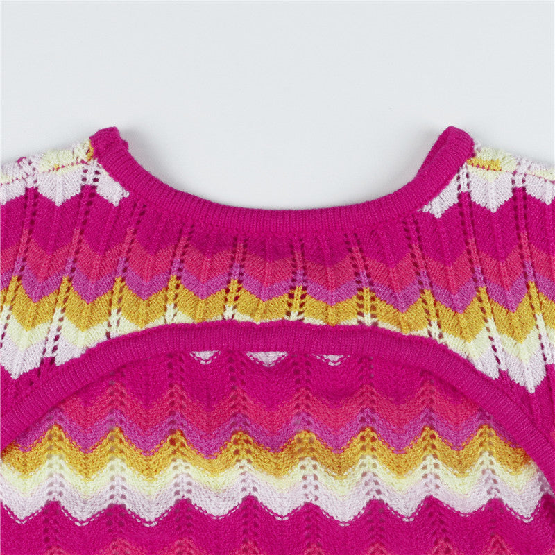 Women Stripe Knit Beach Bodycon Backless Long Sleeve Dress