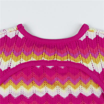 Women Stripe Knit Beach Bodycon Backless Long Sleeve Dress