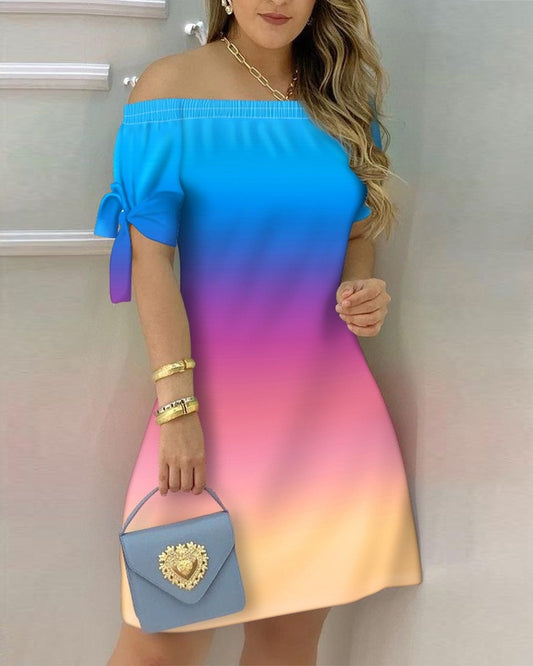Women Off Shoulder Mini Short Sleeve Bow Dress