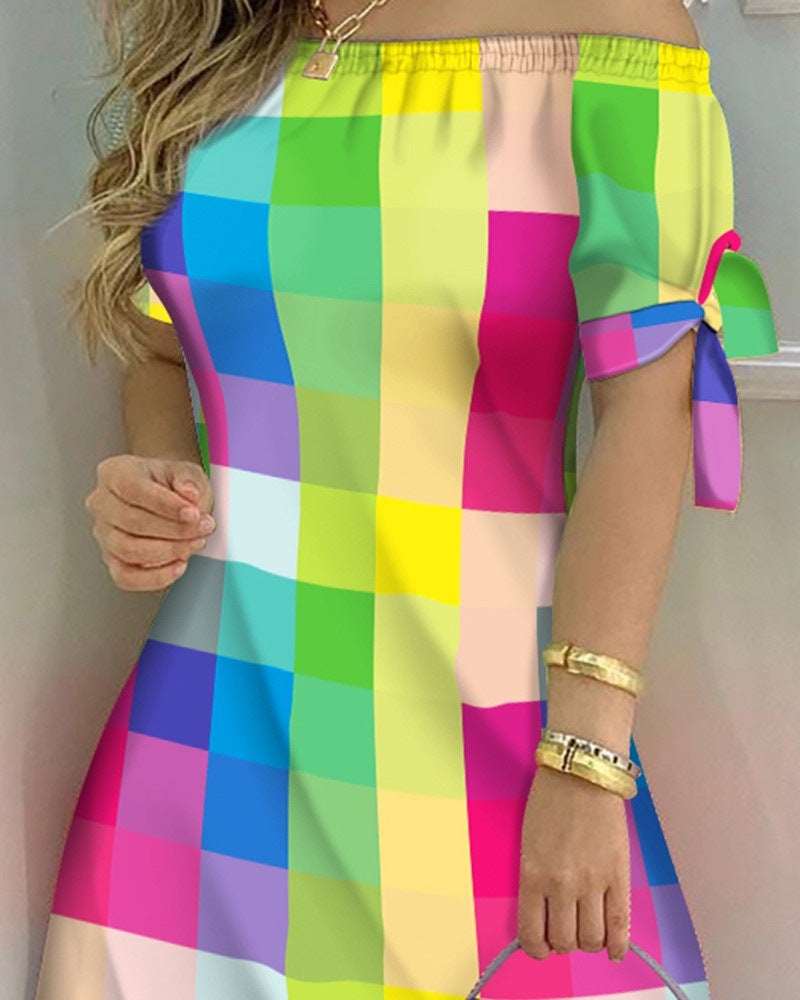 Women Off Shoulder Mini Short Sleeve Bow Dress