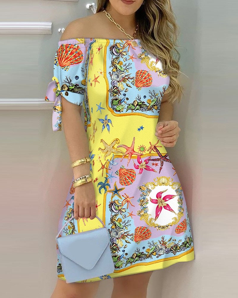 Women Off Shoulder Mini Short Sleeve Bow Dress