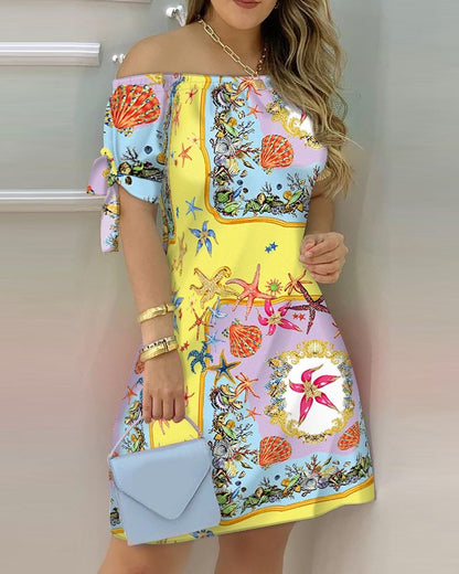 Women Off Shoulder Mini Short Sleeve Bow Dress