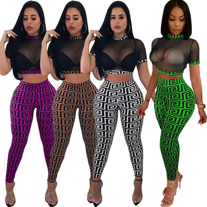 Women See through Sexy Two Piece Mesh Crop Top and Pencil Pants Set